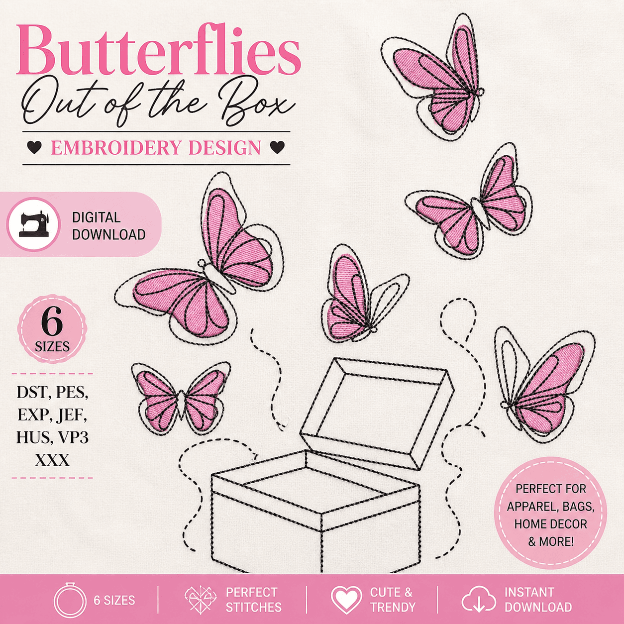 Butterflies in a Box Embroidery Design | Cute Pink Butterfly Machine Embroidery Pattern