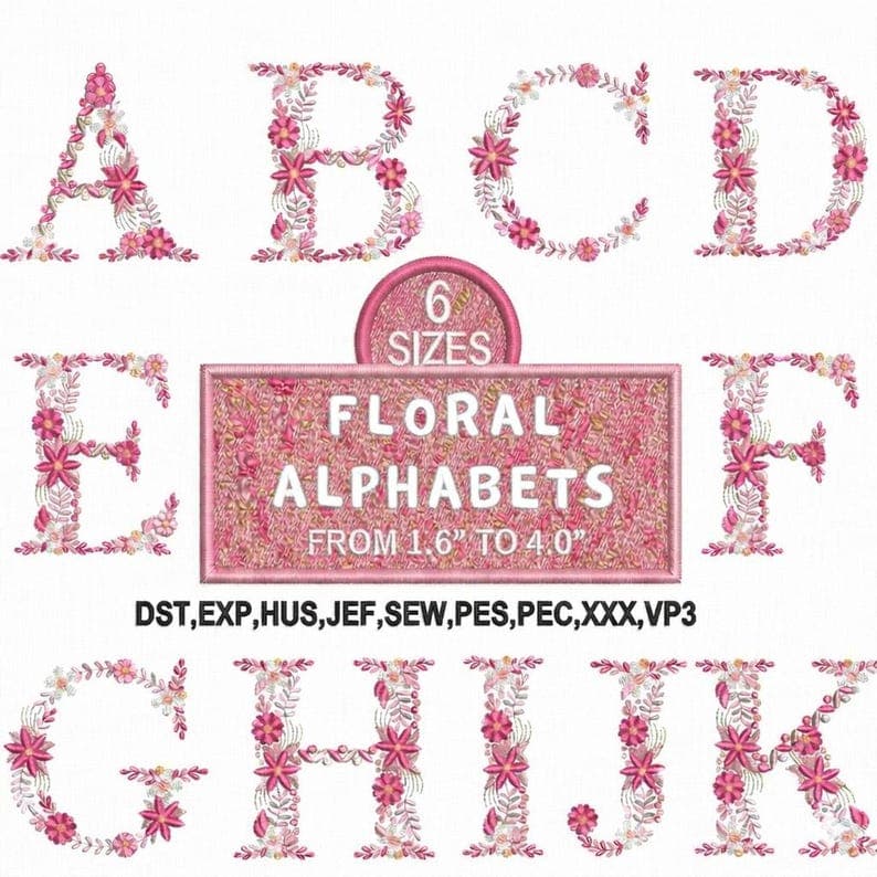 Floral Alphabet Embroidery Designs A-Z Uppercase Letters | 6 Sizes Instant Download