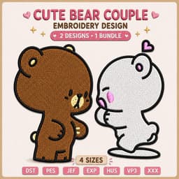 Bear Couple Embroidery Design, Chibi Teddy Bear Love Pattern (Instant Download) thumbnail 1