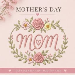 Mom Embroidery Design – Mother’s Day Floral Wreath Appliqué, 4 Sizes, Instant Download thumbnail 1