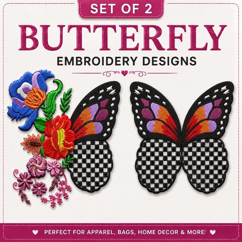Butterfly Embroidery Design Set of 2, Floral Butterfly Machine Embroidery Pattern