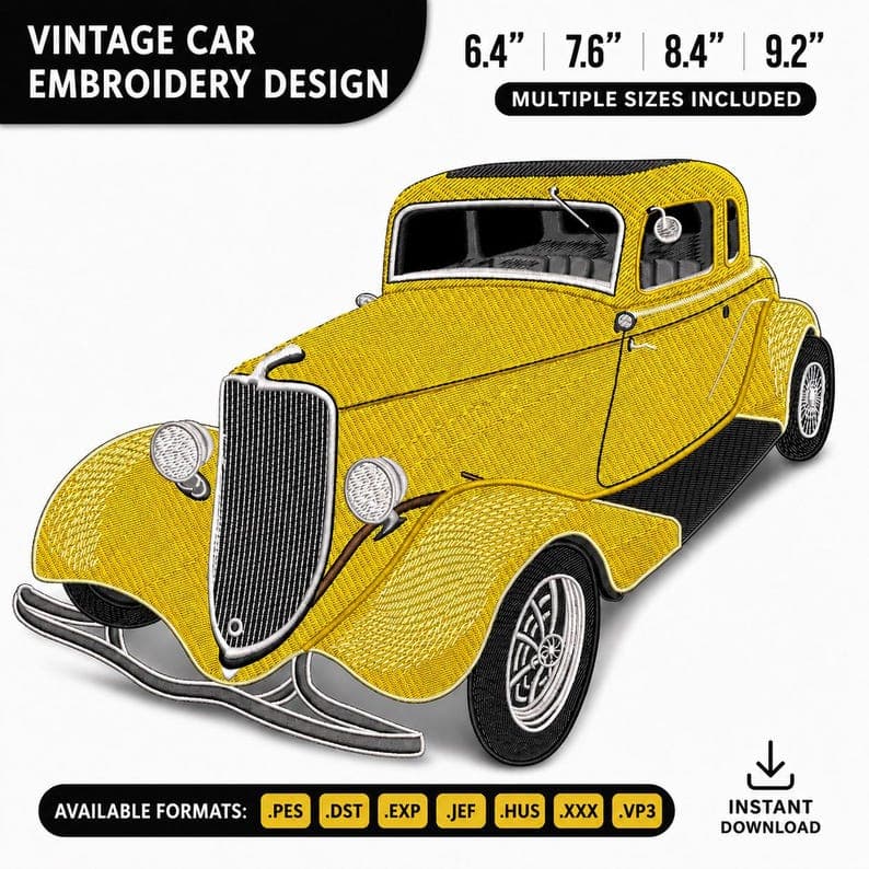 Vintage Car Embroidery Design | Classic Car Machine Embroidery File | Instant Download
