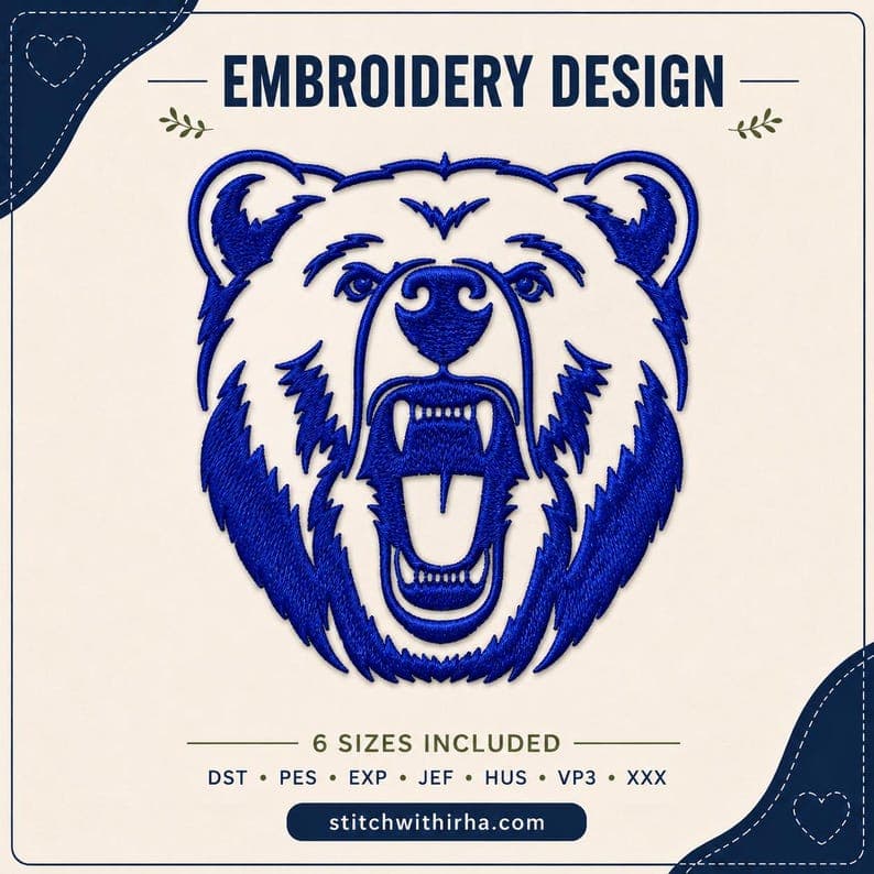 Bear Head Embroidery Design, Embroidery Pattern, Animal Embroidery | 6 sizes