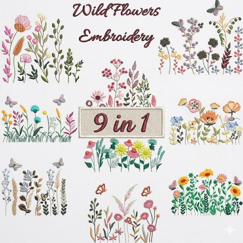 Wildflower Meadow Embroidery Design Bundle, Cottagecore Boho Floral